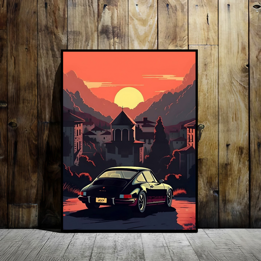 Vintage Porsche 911 at Sunset - Framed Canvas Art