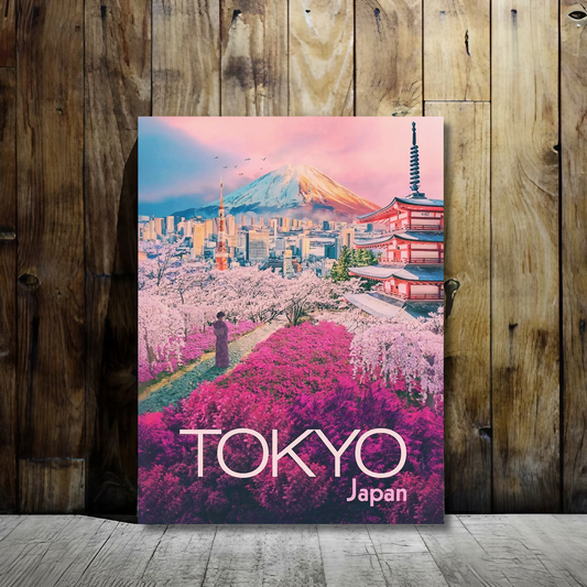 Tokyo, Japan - Blossoms and Cityscape - Framed Canvas Art