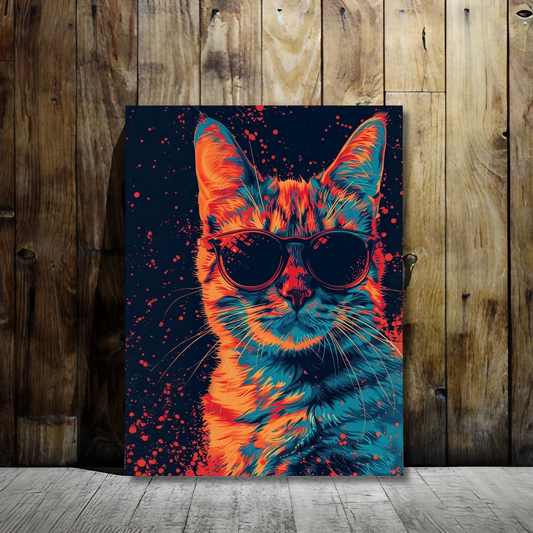 Retro Neon Cat - Framed Canvas Art