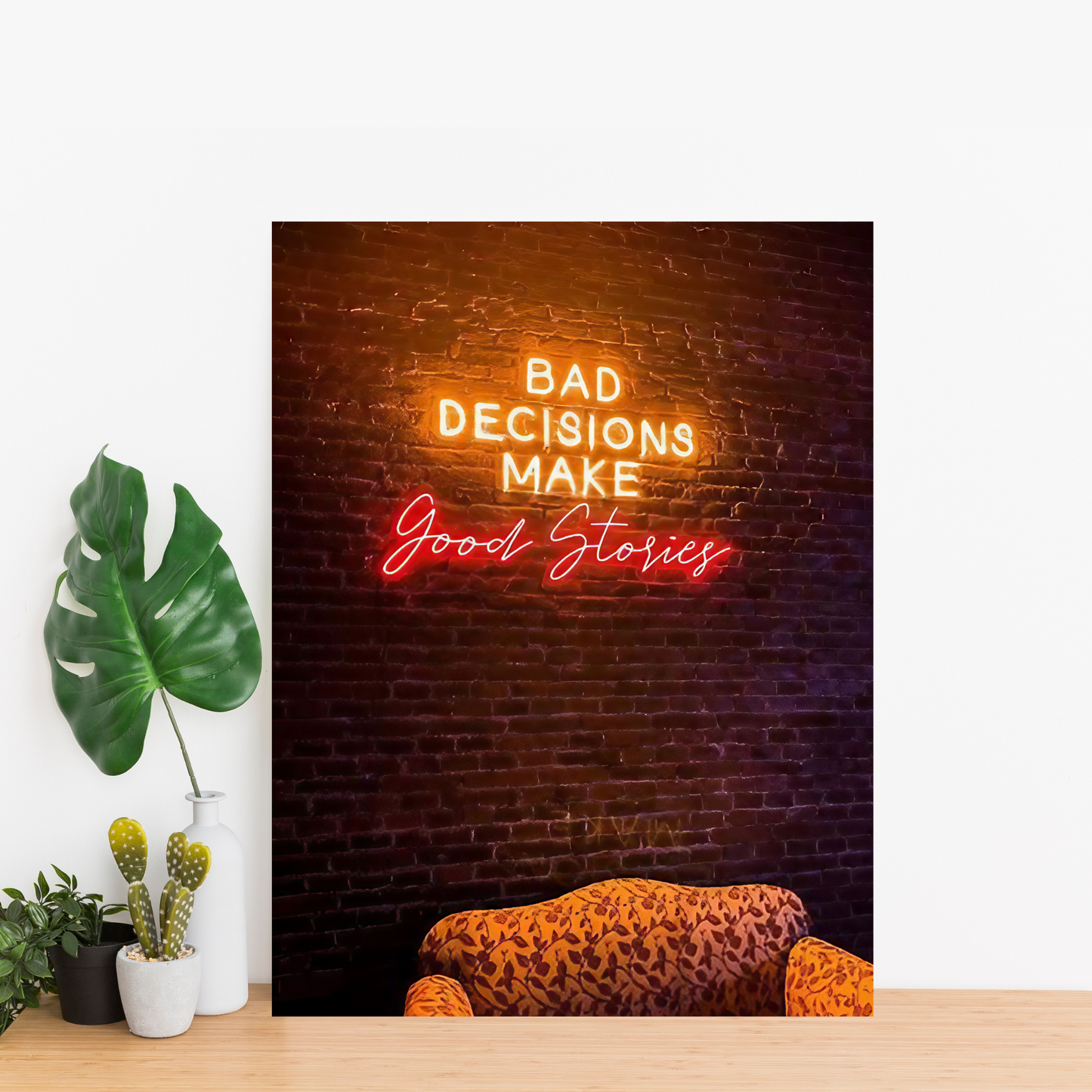 Bad Decisions Make Good Stories - Neon Wall Art - Framed Canvas Art