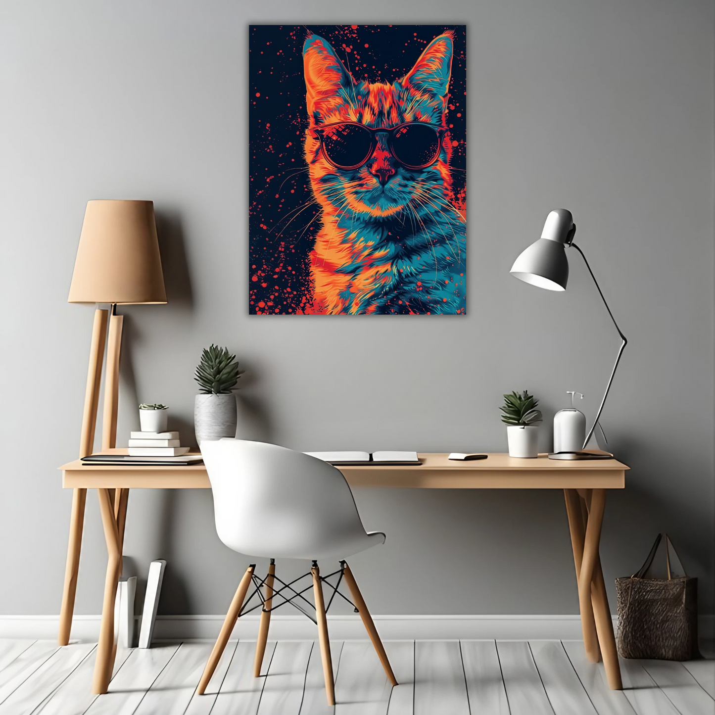 Retro Neon Cat - Framed Canvas Art
