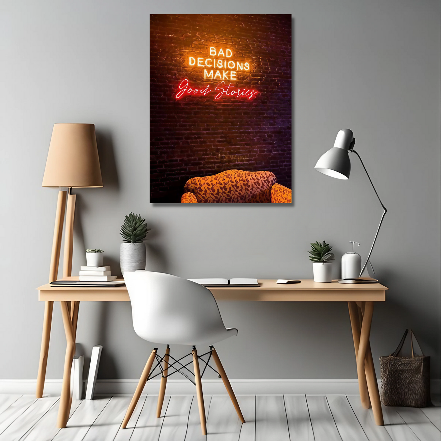 Bad Decisions Make Good Stories - Neon Wall Art - Framed Canvas Art