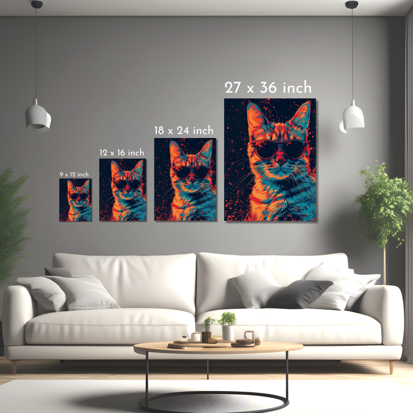 Retro Neon Cat - Framed Canvas Art