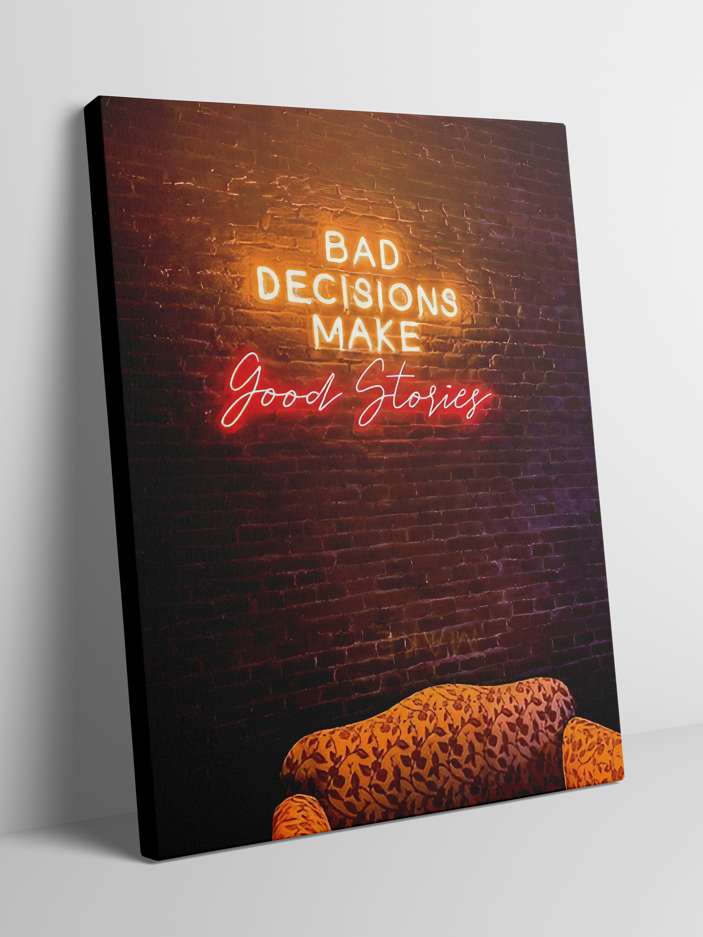 Bad Decisions Make Good Stories - Neon Wall Art - Framed Canvas Art