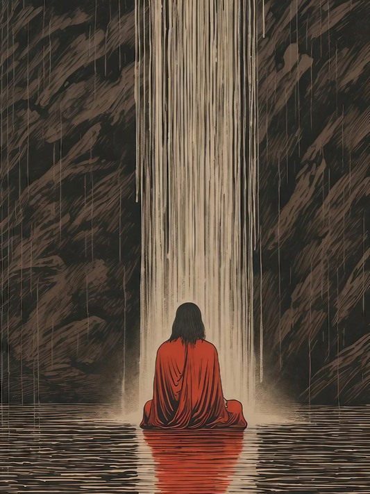 Solitude by the Waterfall - Framed Canvas Art