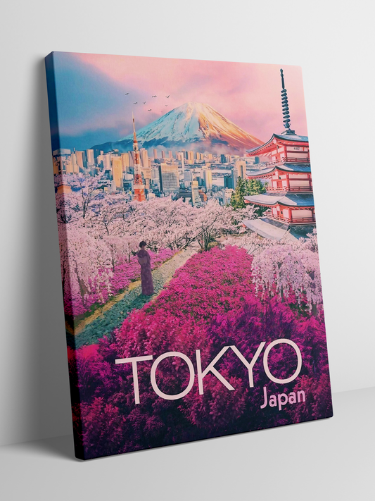 Tokyo, Japan - Blossoms and Cityscape - Framed Canvas Art