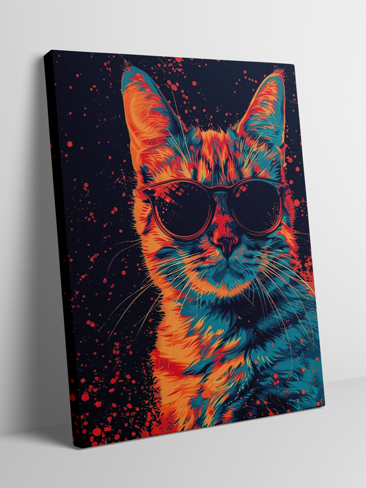 Retro Neon Cat - Framed Canvas Art