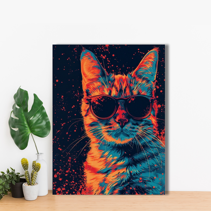 Retro Neon Cat - Framed Canvas Art