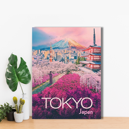 Tokyo, Japan - Blossoms and Cityscape - Framed Canvas Art