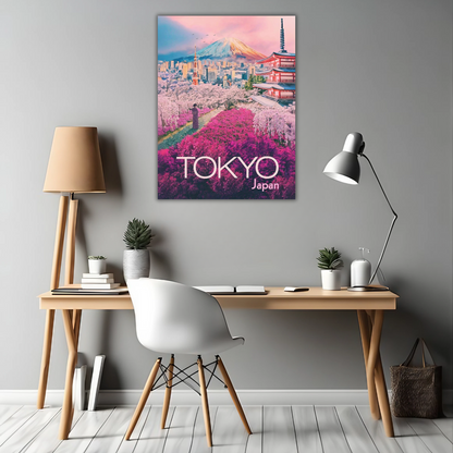 Tokyo, Japan - Blossoms and Cityscape - Framed Canvas Art