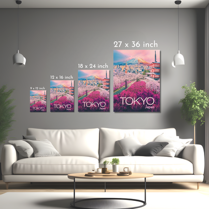 Tokyo, Japan - Blossoms and Cityscape - Framed Canvas Art