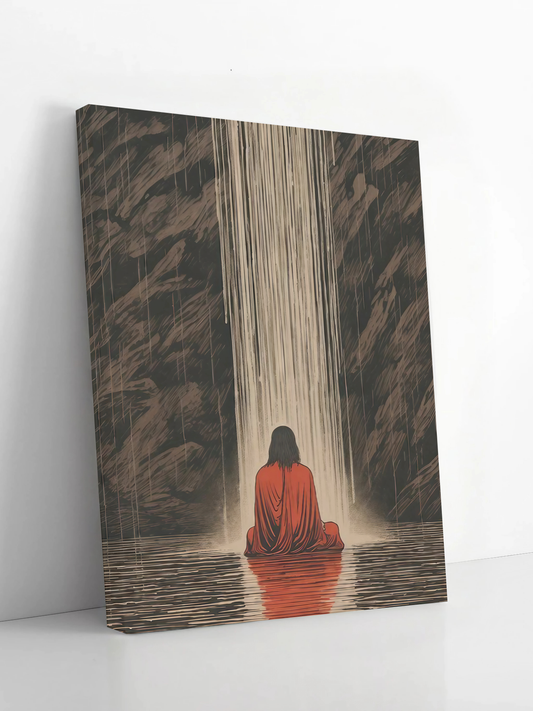 Solitude by the Waterfall - Framed Canvas Art