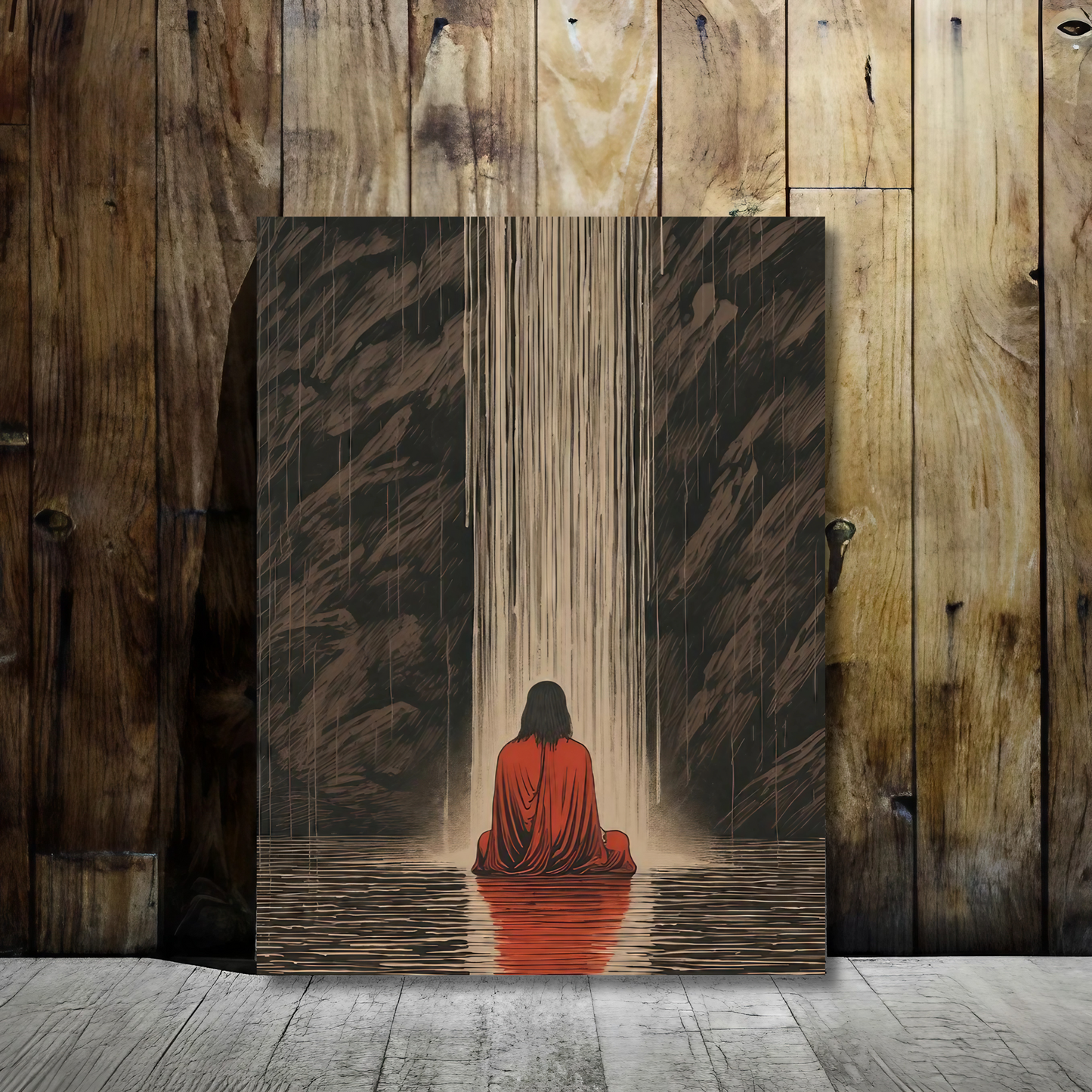 Solitude by the Waterfall - Framed Canvas Art