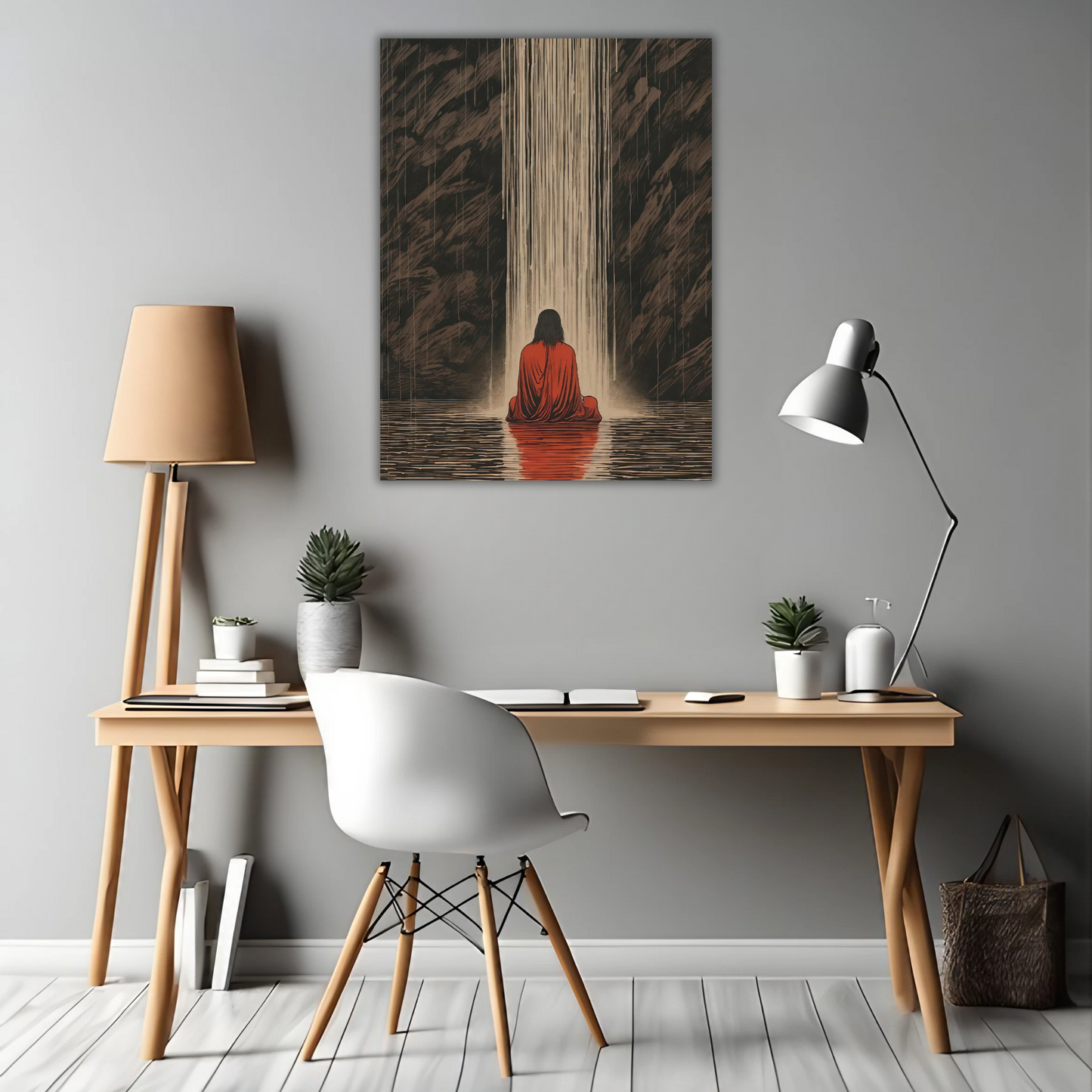 Solitude by the Waterfall - Framed Canvas Art